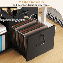 Close-up of the filing cabinet drawers with hanging file folders and adjustable rods