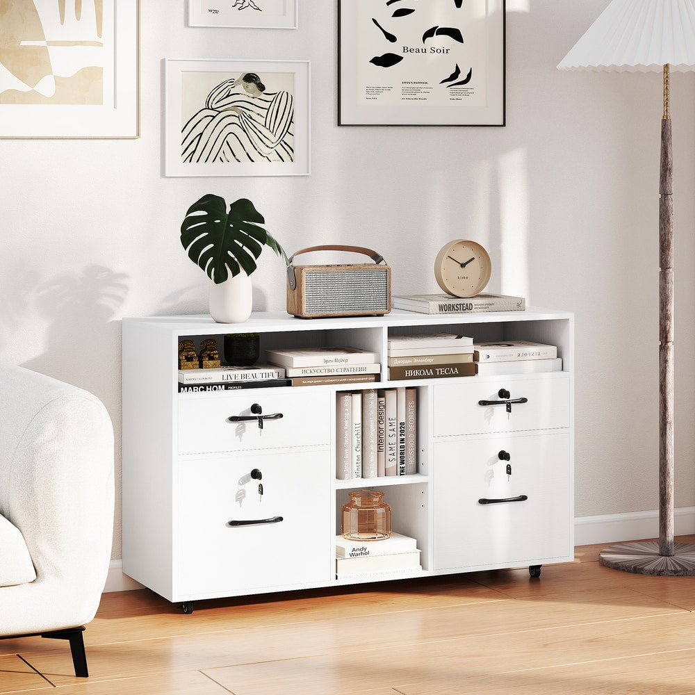 White lockable filing cabinet with drawers and shelves in a living room setting