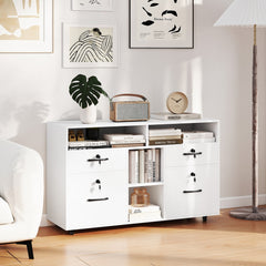 White lockable filing cabinet with drawers and shelves in a living room setting