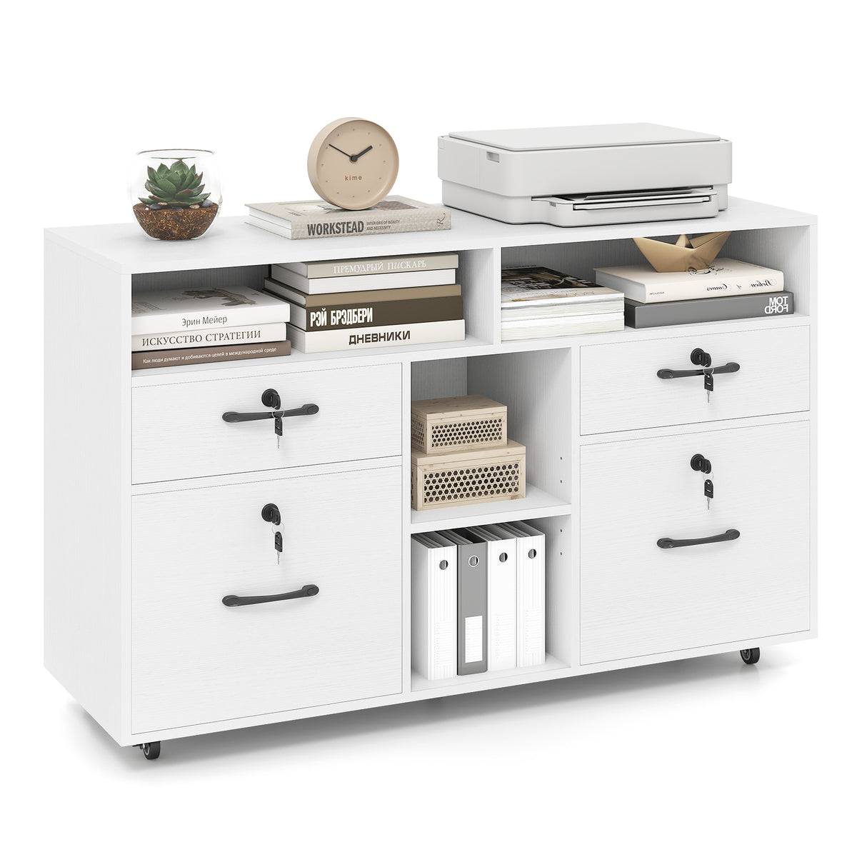 White mobile lateral filing storage organizer with drawers and shelves holding books and a printer