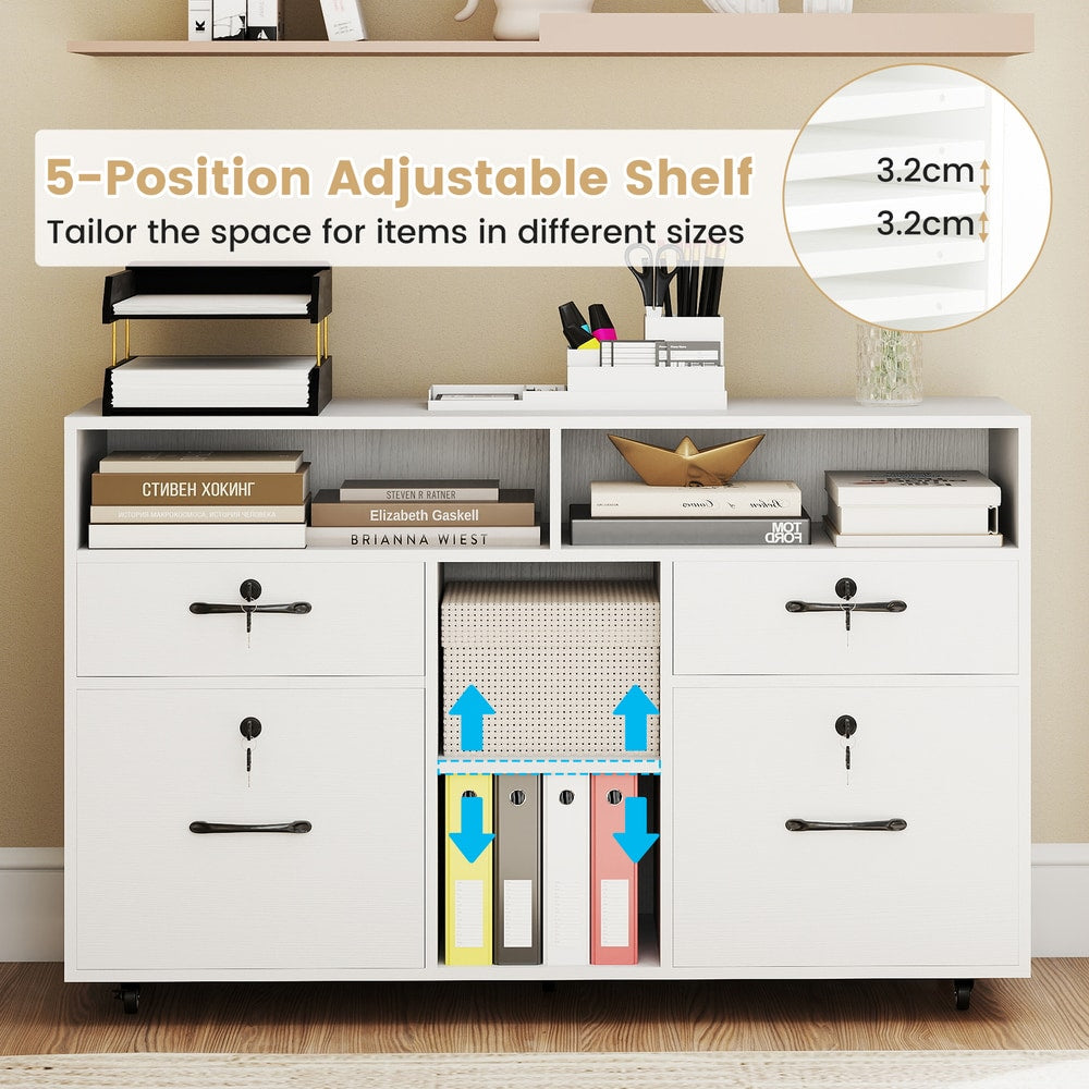 White mobile filing cabinet with lock showing adjustable shelf height feature
