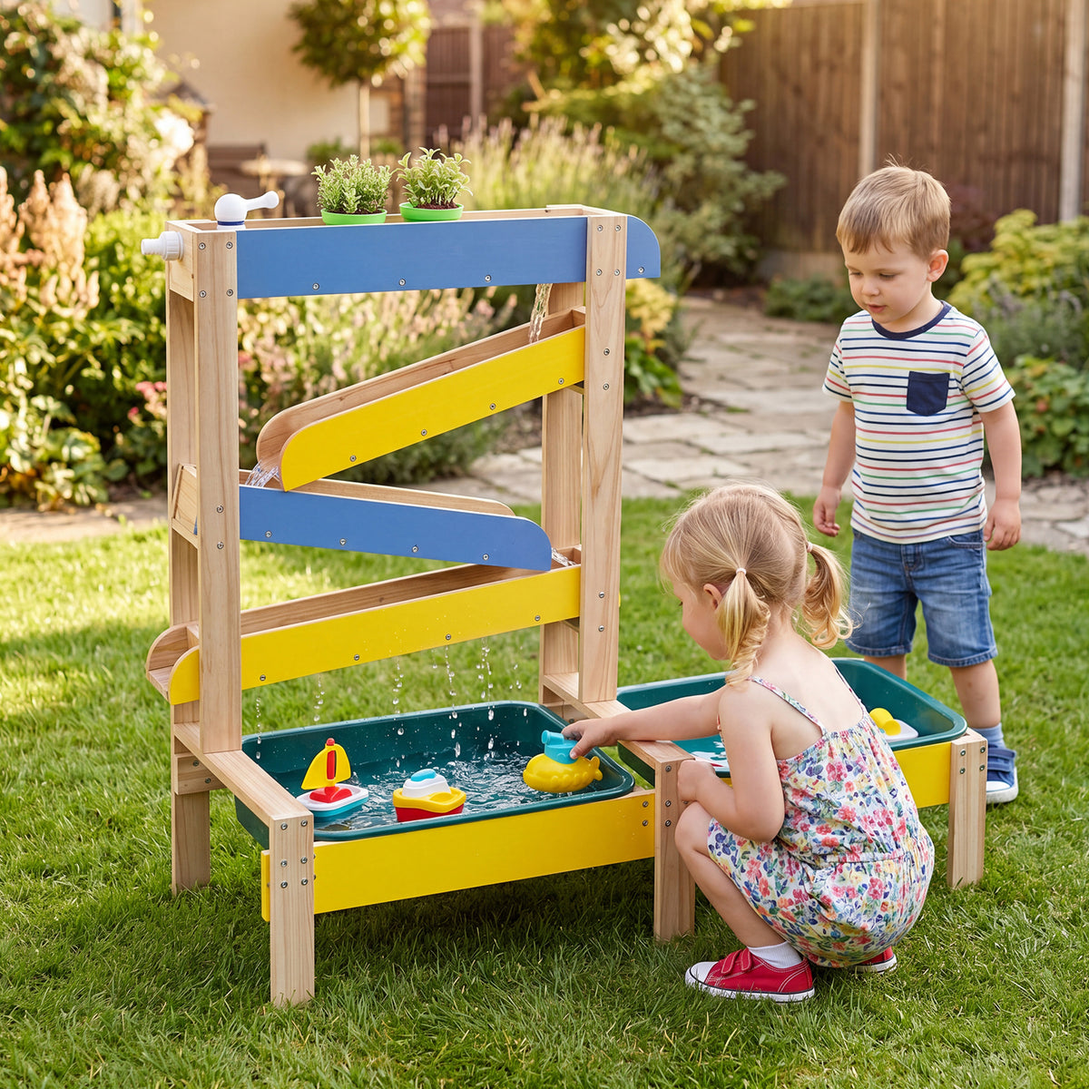 Fir Wood Montessori Sensory Play Activity Table with 2 Water Basin and Submarine Toys for Boys and Girls 3+-Multicolor