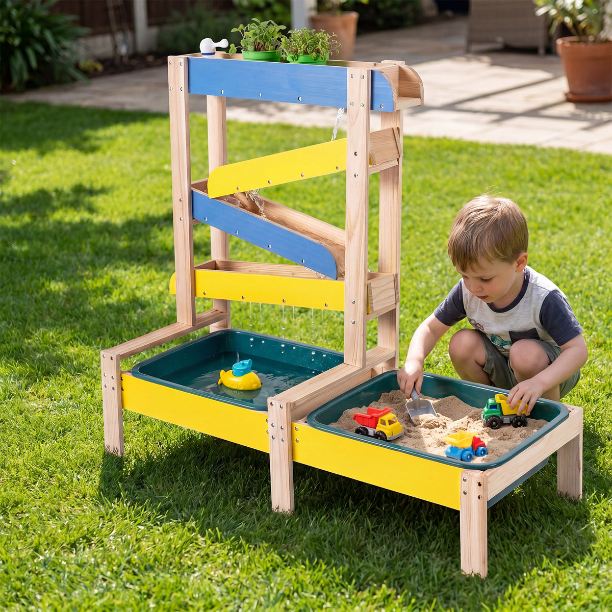 Fir Wood Montessori Sensory Play Activity Table with 2 Water Basin and Submarine Toys for Boys and Girls 3+-Multicolor
