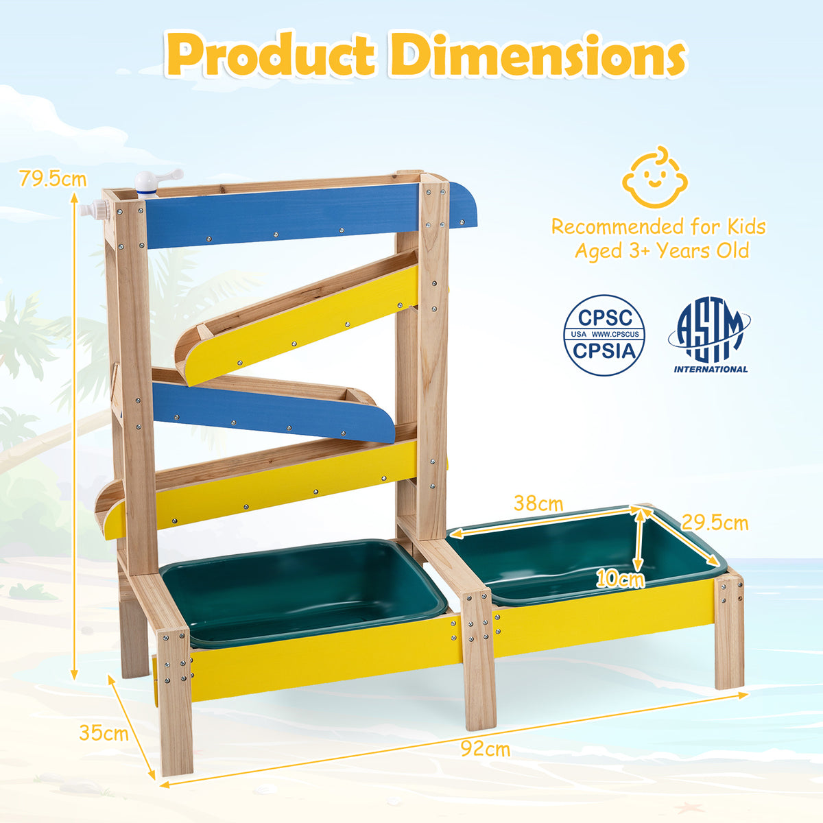 Fir Wood Montessori Sensory Play Activity Table with 2 Water Basin and Submarine Toys for Boys and Girls 3+-Multicolor
