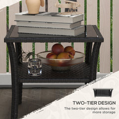 Outsunny Two-tier PE Rattan Square Coffee Table - Black