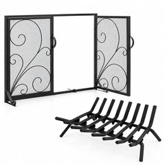 Fireplace Set with Outdoor Fireplace Grate and Double Door Fireplace Screen Flat Fire Guard