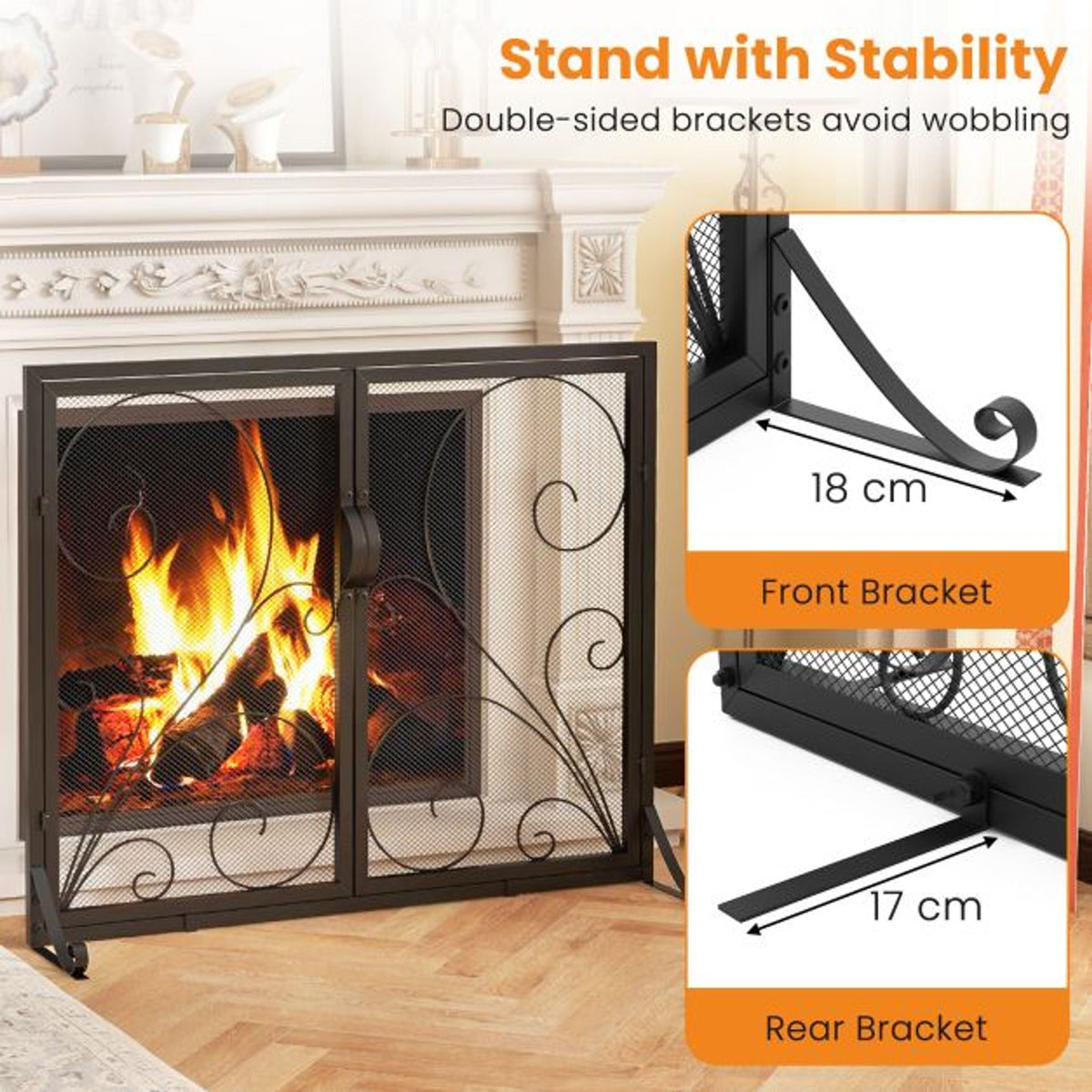Fireplace Set with Outdoor Fireplace Grate and Double Door Fireplace Screen Flat Fire Guard