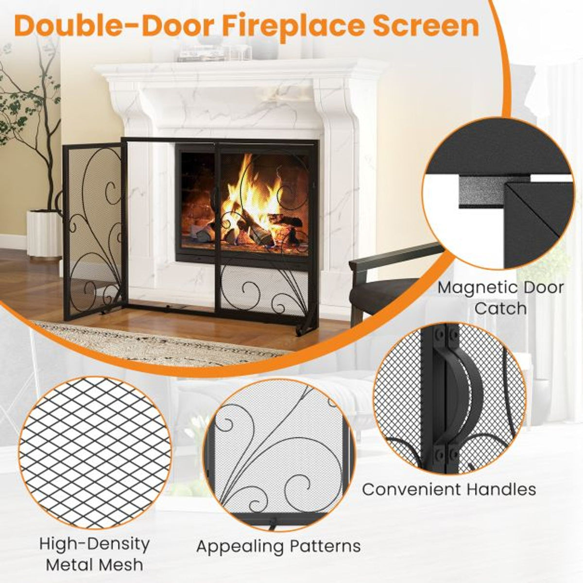 Fireplace Set with Outdoor Fireplace Grate and Double Door Fireplace Screen Flat Fire Guard