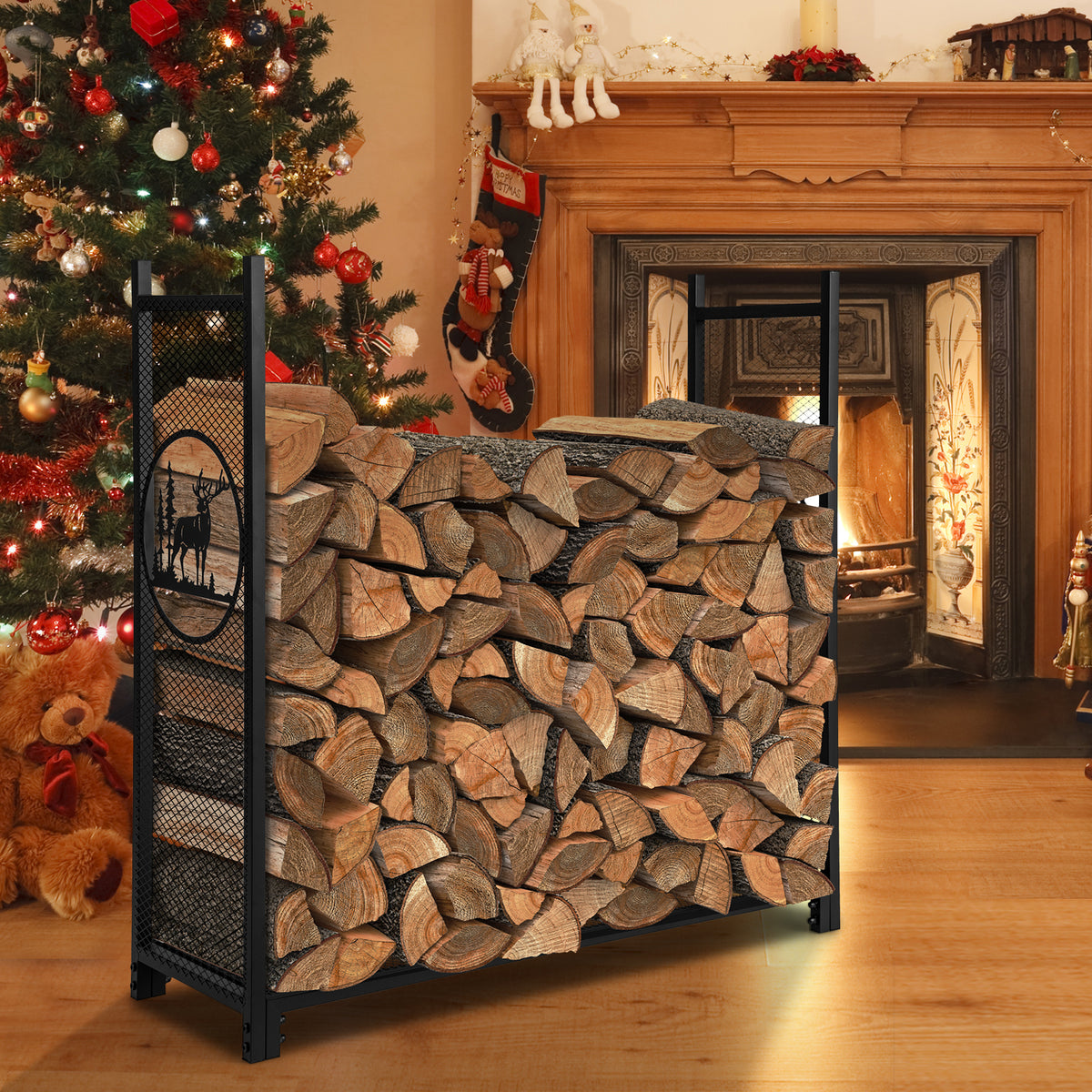 Firewood Rack Stand with Mesh Sides and Deer Tree Patterns