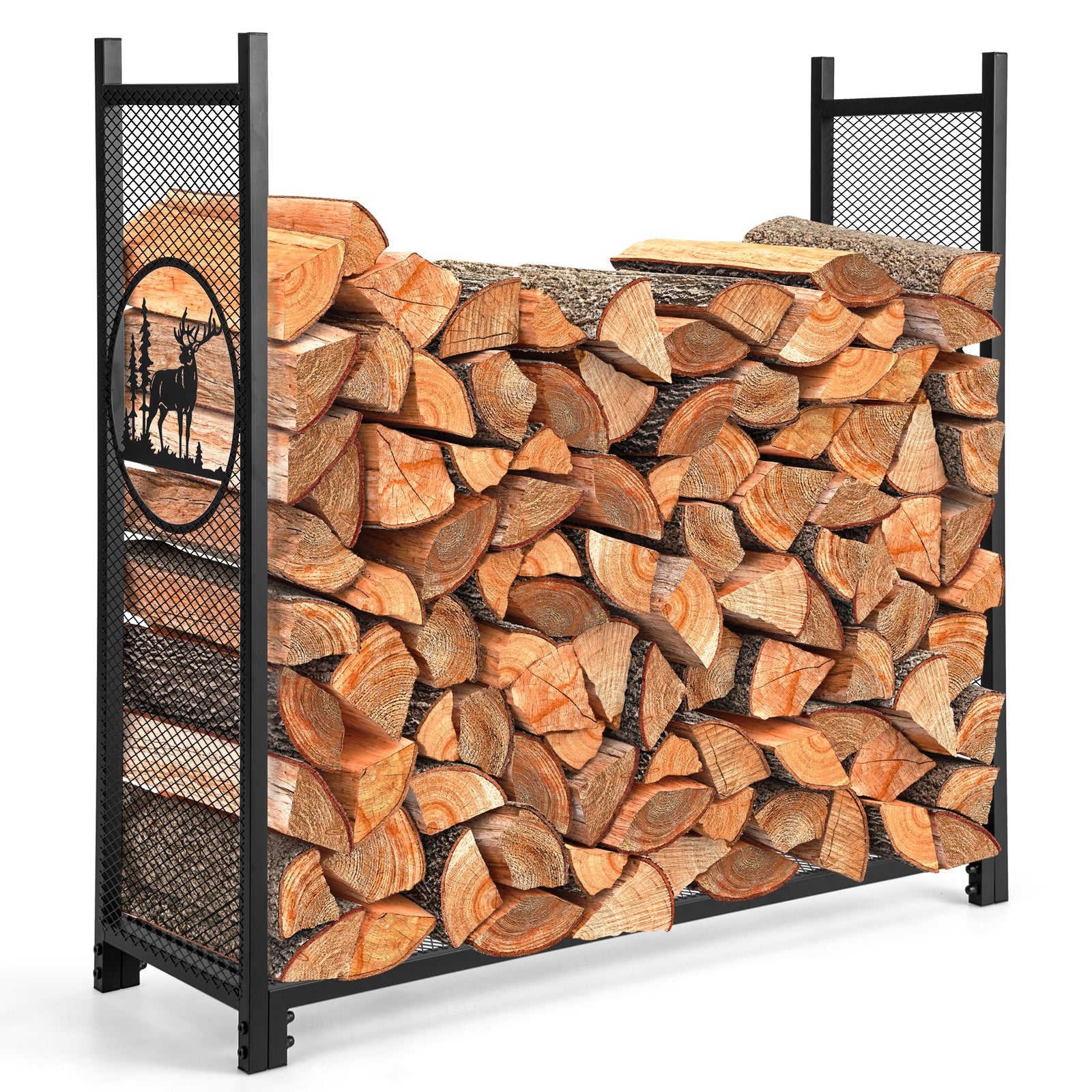 Firewood Rack Stand with Mesh Sides and Deer Tree Patterns