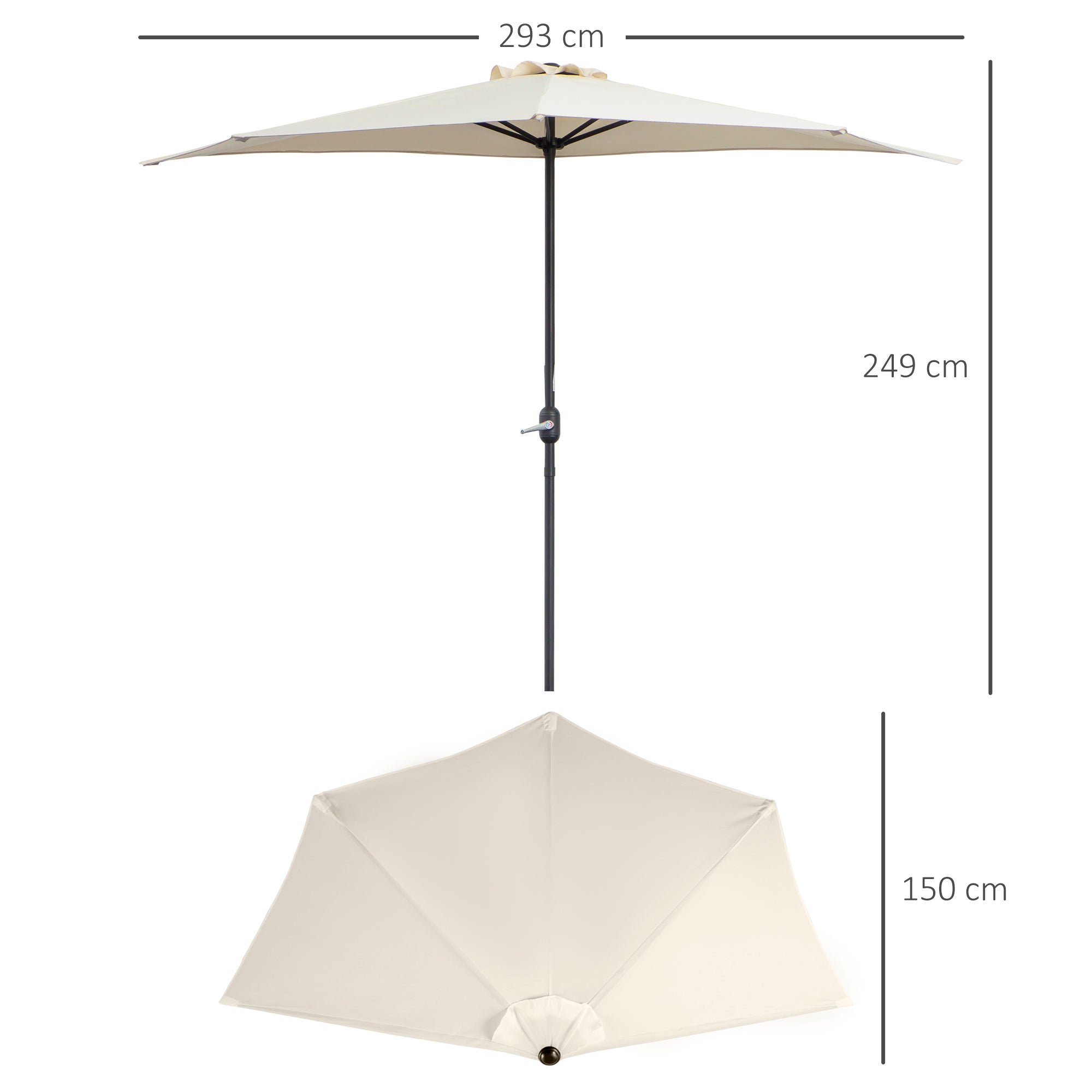 Outsunny 3(m) Half Parasol, Semi Round Umbrella with Metal Frame, Crank Handle for Balcony, Garden, Cream White