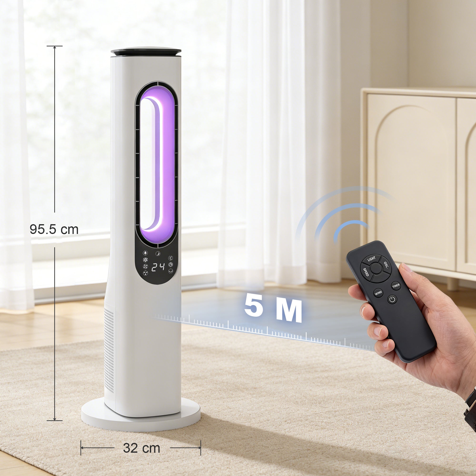 HOMCOM Bladeless Tower Fan for Bedroom, 35dB Standing Cooling Fan with 50Â° Oscillating, LED Lights, 3 Speeds, 15H Timer, White