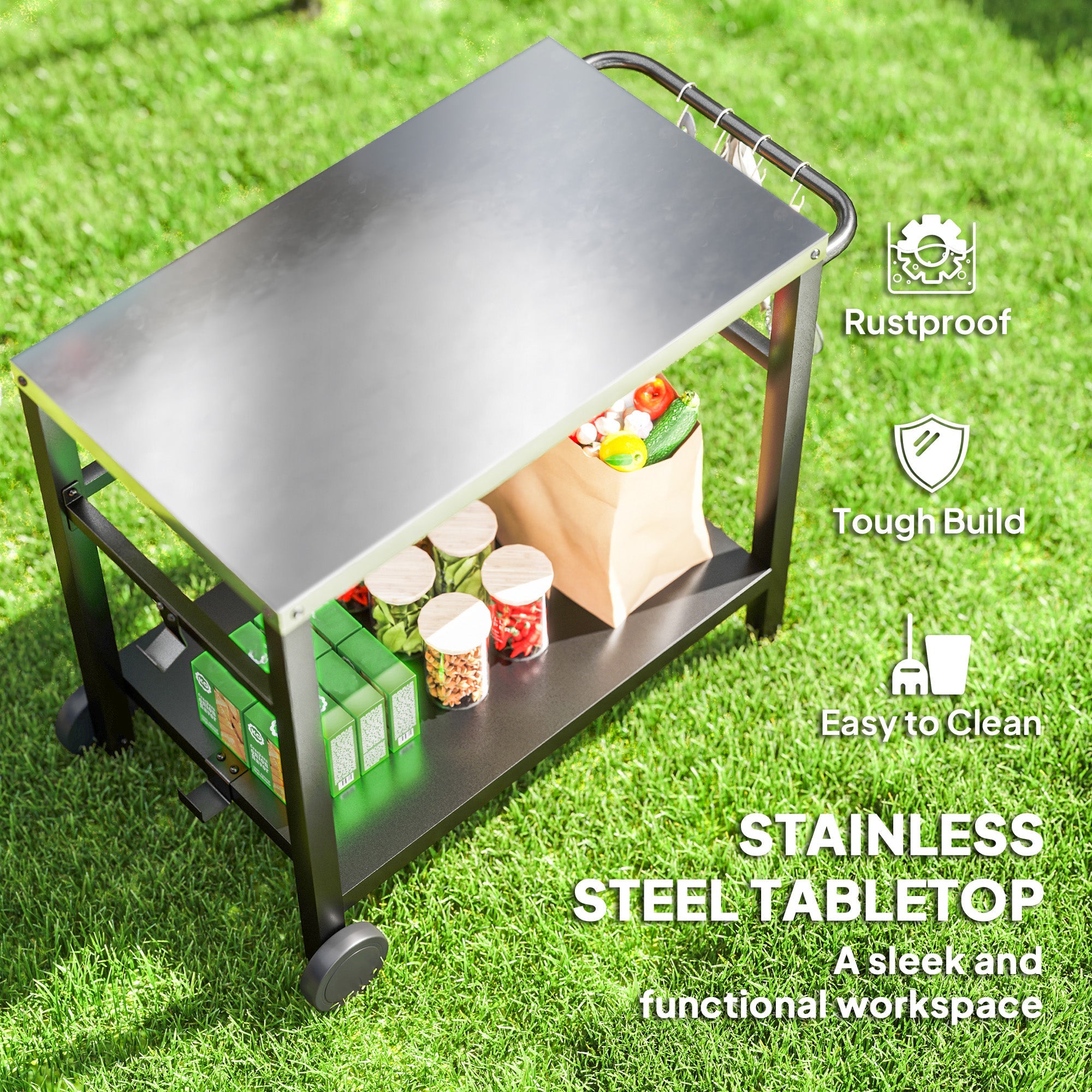 Outsunny Outdoor Grill Dining Cart 2-Shelf Movable Pizza Oven Table Stand with Stainless Steel Top, Portable BBQ Trolley Food Prep Outdoor Kitchen Barbecue Station with Hooks Wheels, Charcoal Grey