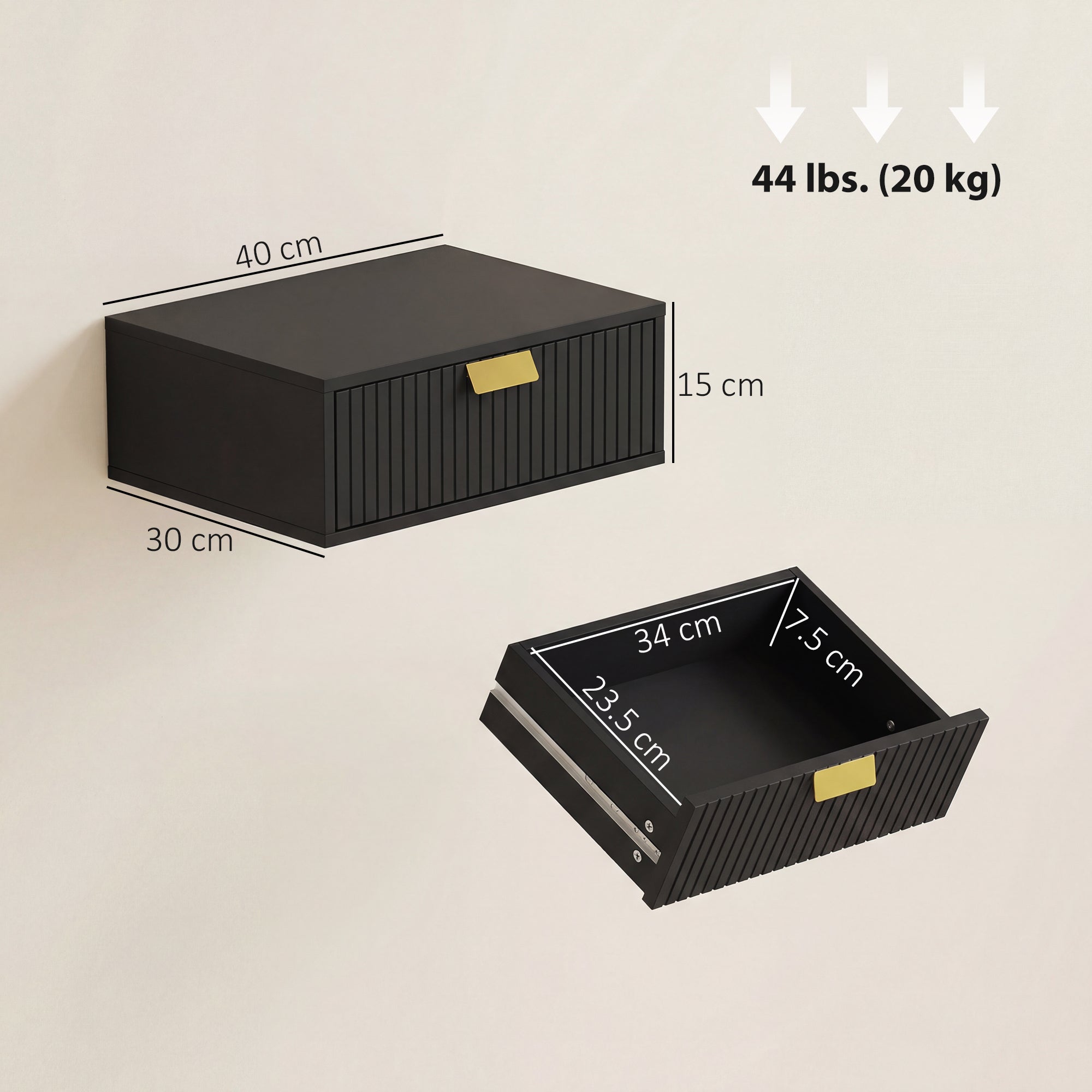 HOMCOM Modern Floating Nightstands Set of 2, Wall Mounted Bedside Tables with Wave Drawer Black