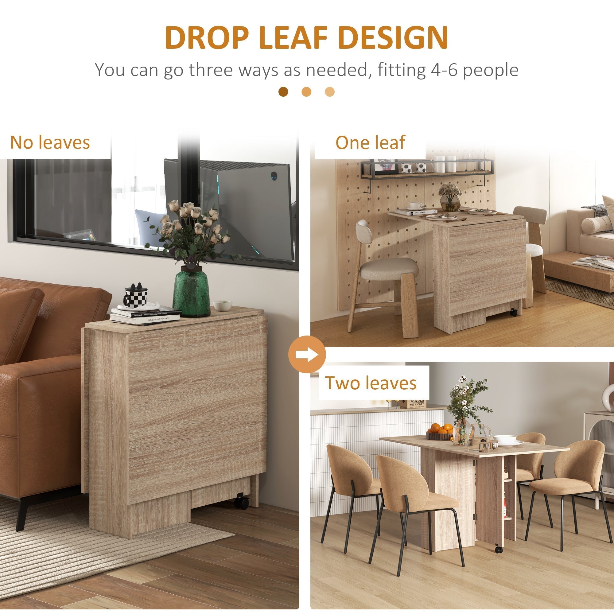 HOMCOM Folding Dining Table, Drop Leaf Table for Small Spaces with 2-tier Shelves, Small Kitchen Table with Rolling Casters, Natural