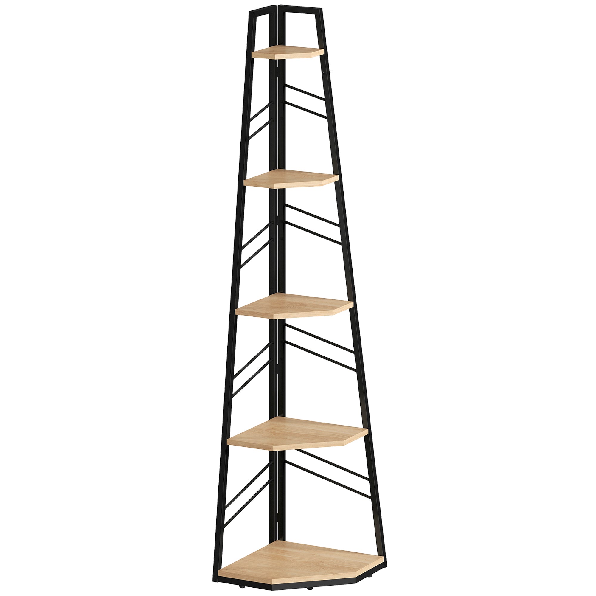 HOMCOM Corner Bookcase, 5-Tier Floor Standing Bookshelf, Shelving Unit for Living Room, Study, Bedroom, Natural Wood Finish