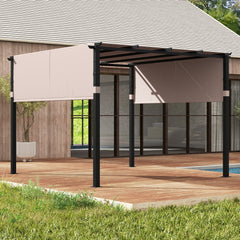 305 x 305 cm Flat Top Pergola with Retractable Canopy and Heavy-duty Metal Frame-Beige