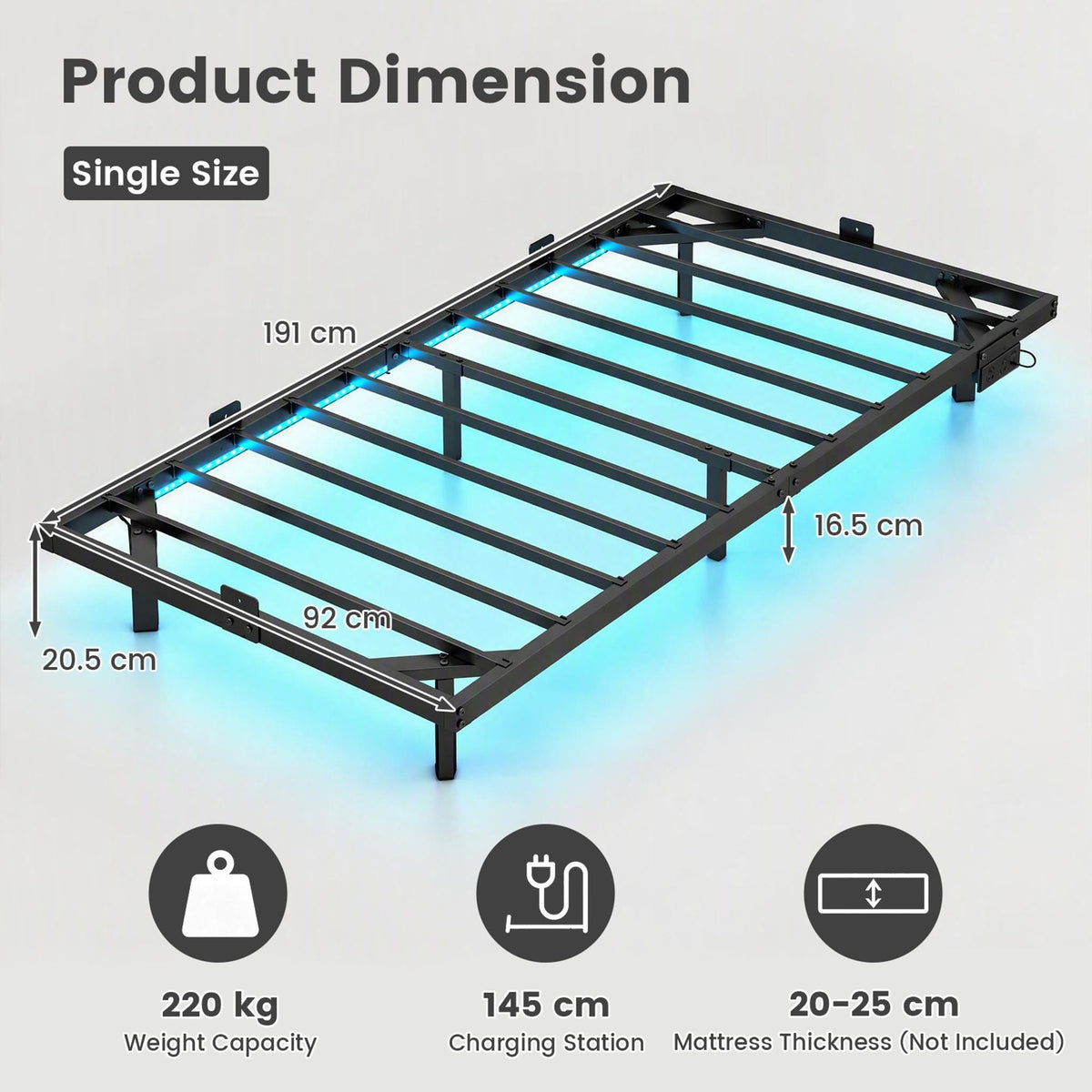 Floating Bed Frame with LED Lights and Charging Station Mattress Slide Stopper-Black