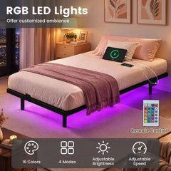 Floating Bed Frame with LED Lights and Charging Station Mattress Slide Stopper-Black