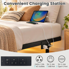 Floating Bed Frame with LED Lights and Charging Station Mattress Slide Stopper-Black