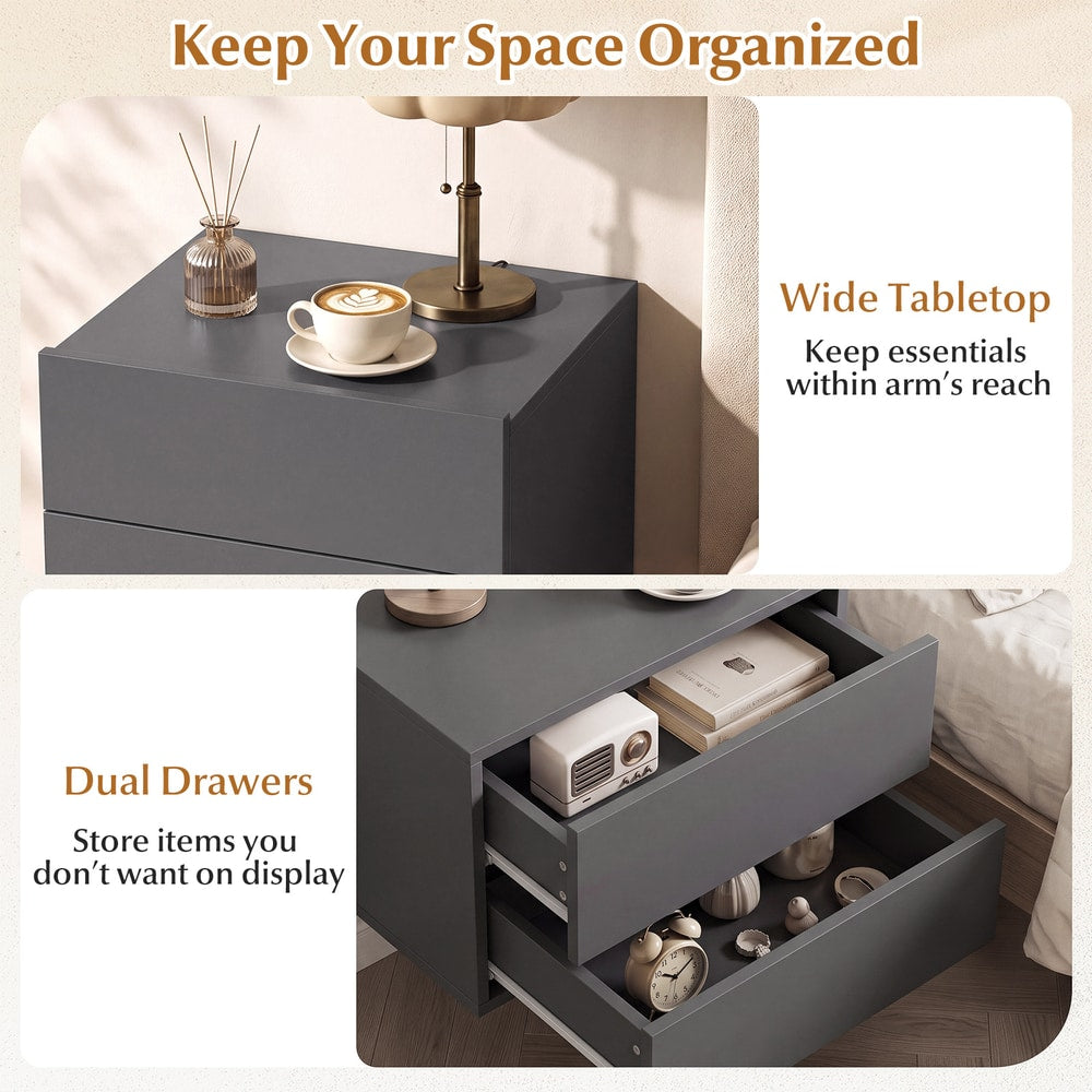 The wall mounted cabinet highlighting the tabletop surface and two open storage drawers