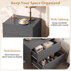 The wall mounted cabinet highlighting the tabletop surface and two open storage drawers