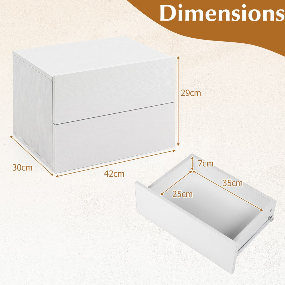 Dimensions of the white bedside cabinet and its open drawer