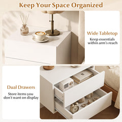 Close up of the white bedside cabinet showing dual drawers and wide tabletop