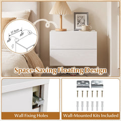 Space-saving floating design of the white bedside cabinet with wall fixing details