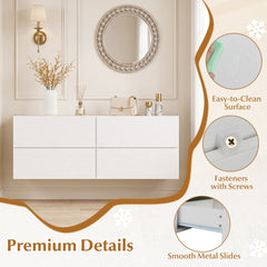 Close up of the white floating nightstand showing smooth metal drawer slides and screw fasteners