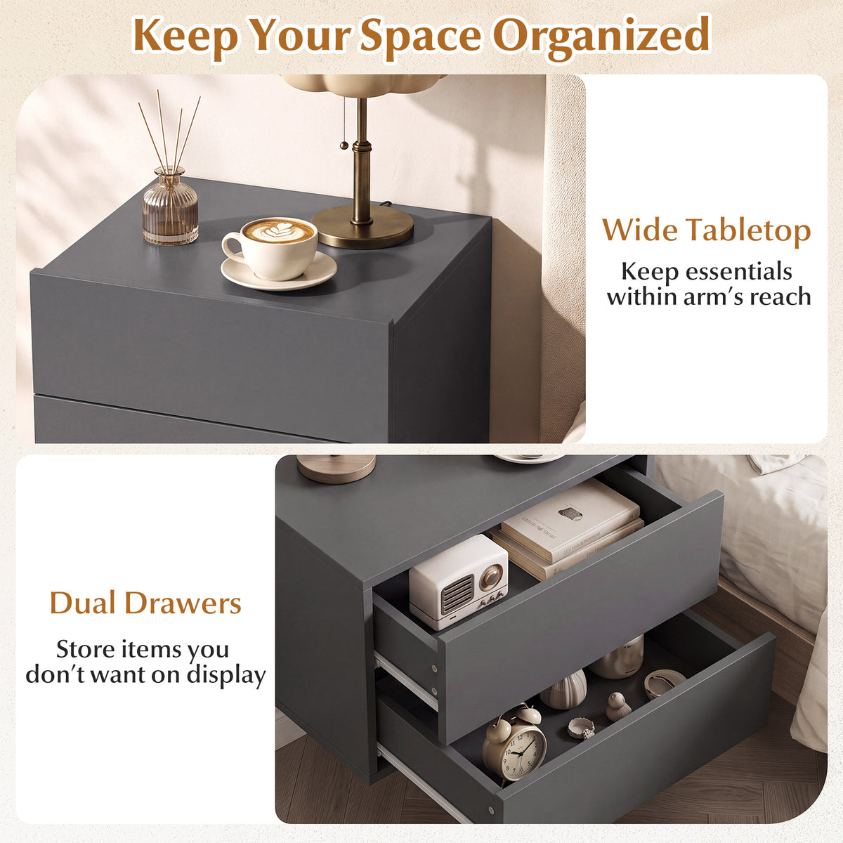 Floating Nightstand with Storage Drawers Wall Mounted for Living Room Bedroom-Gtey