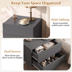 Floating Nightstand with Storage Drawers Wall Mounted for Living Room Bedroom-Gtey