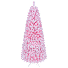 Flocked Pencil Christmas Tree with Full Branch Tips and Folding Metal Stand for Holiday Decor-180cm