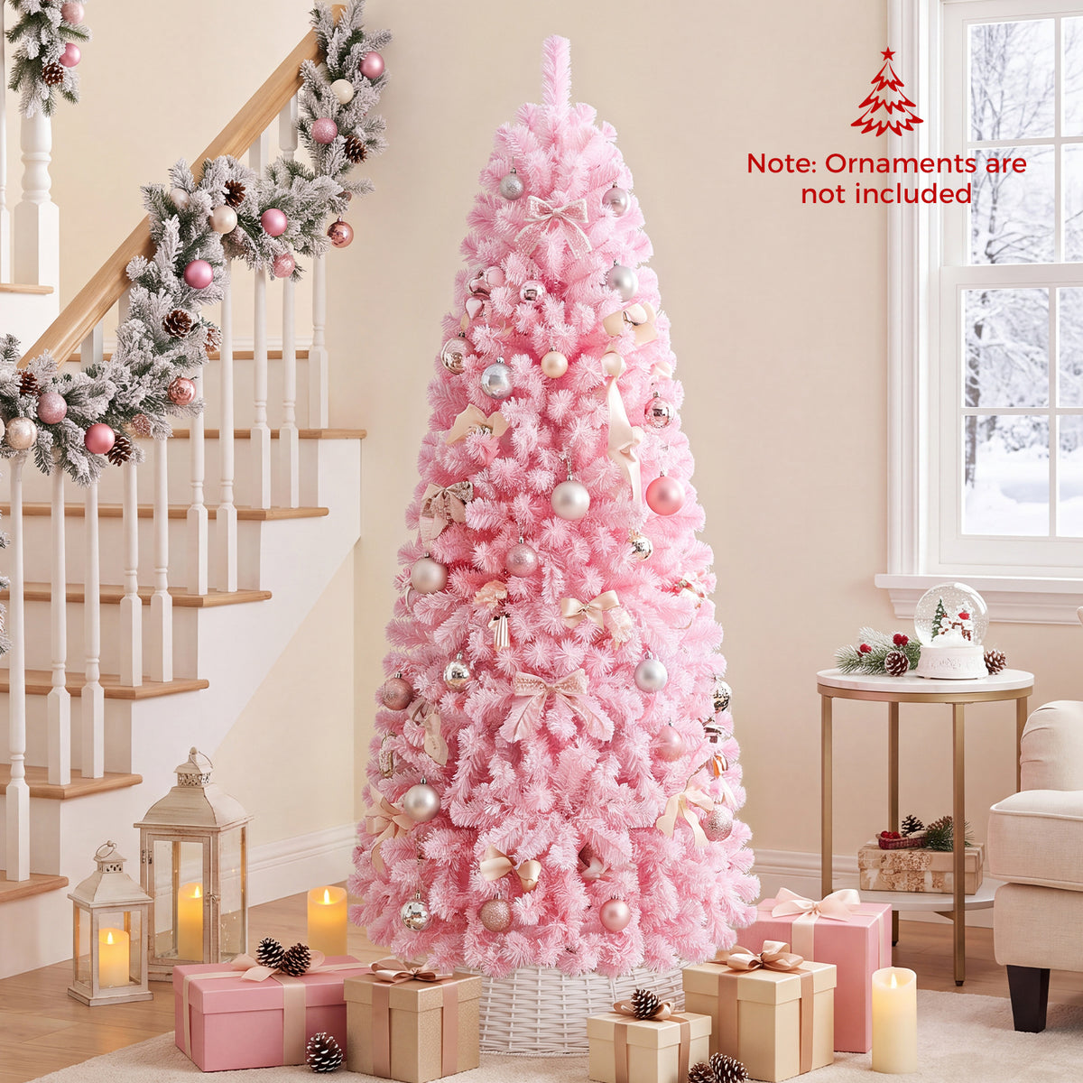Flocked Pencil Christmas Tree with Full Branch Tips and Folding Metal Stand for Holiday Decor-180cm