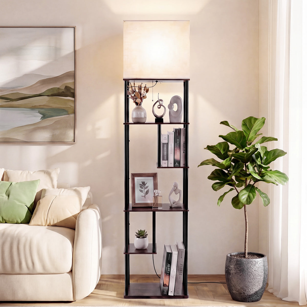 Floor Lamp with Shelves 5-Tier Industrial Shelf Lamp with Linen Fabric Shade