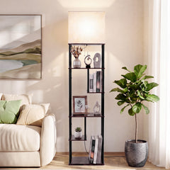 Floor Lamp with Shelves 5-Tier Industrial Shelf Lamp with Linen Fabric Shade