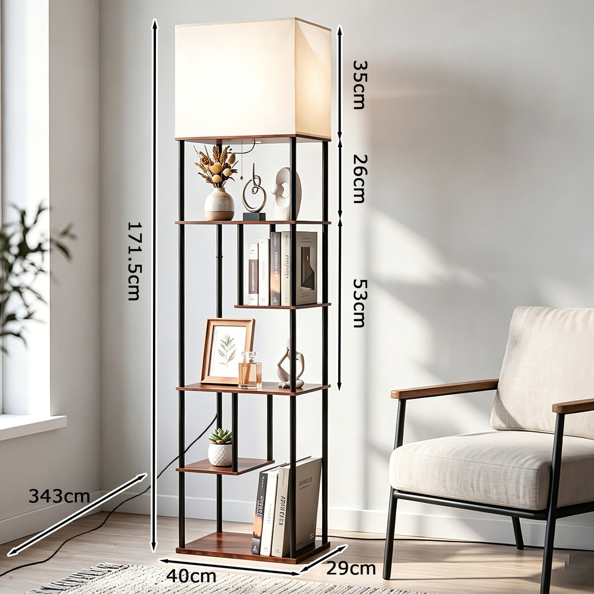 Floor Lamp with Shelves 5-Tier Industrial Shelf Lamp with Linen Fabric Shade