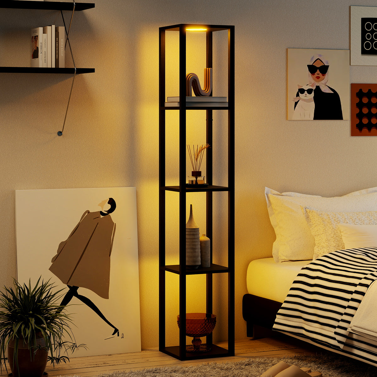 Floor Lamp with Shelves and 3-Way Dimmable LED Lights