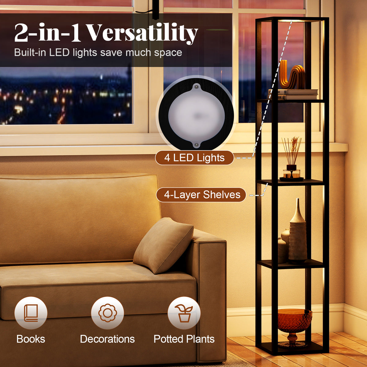 Floor Lamp with Shelves and 3-Way Dimmable LED Lights