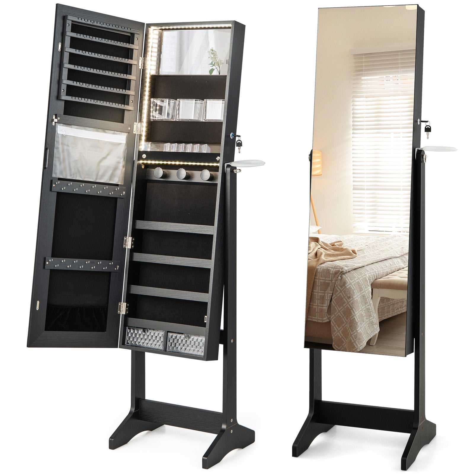 Freestanding LED Mirrored Jewellery Cabinet with Keyhole-Black