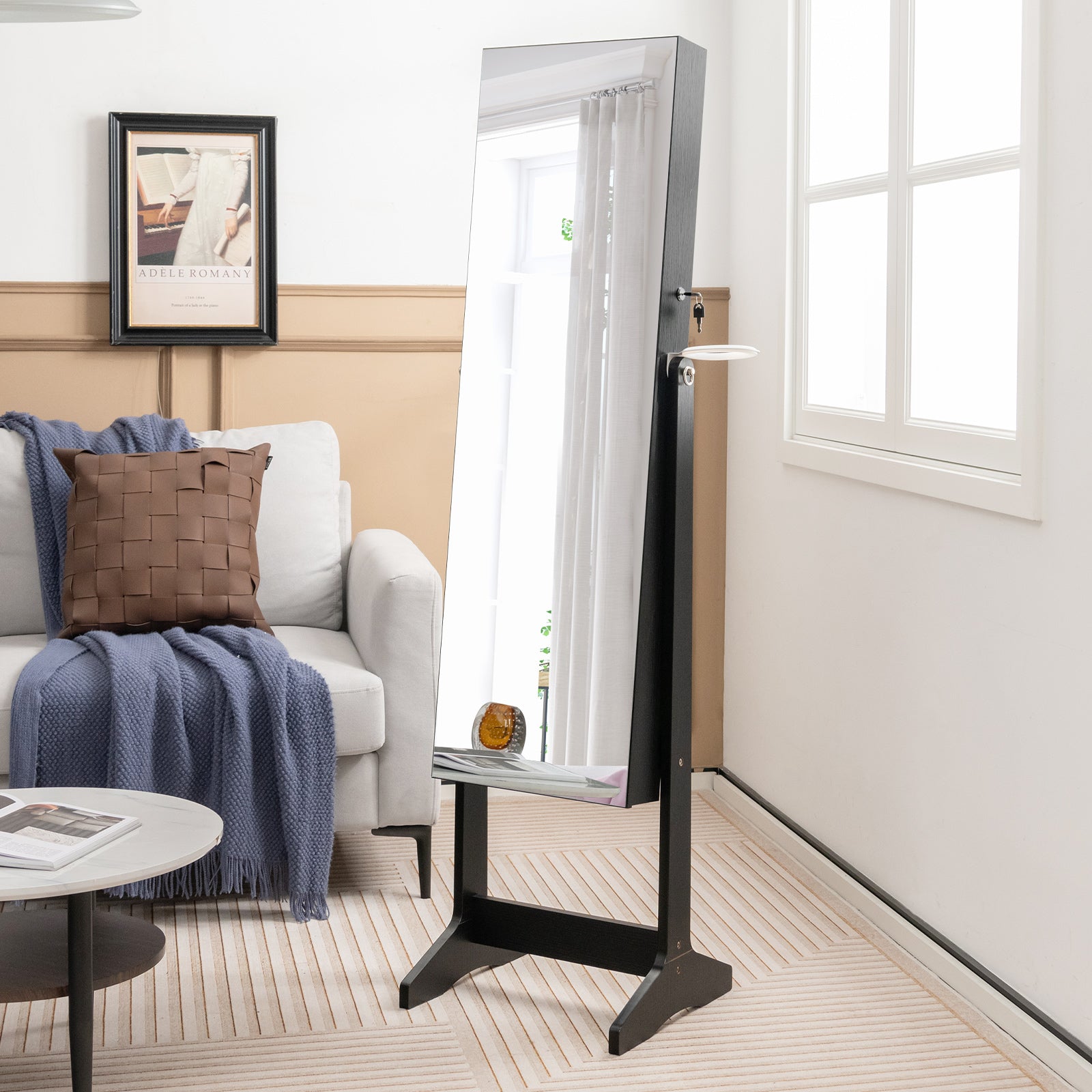 Freestanding LED Mirrored Jewellery Cabinet with Keyhole-Black