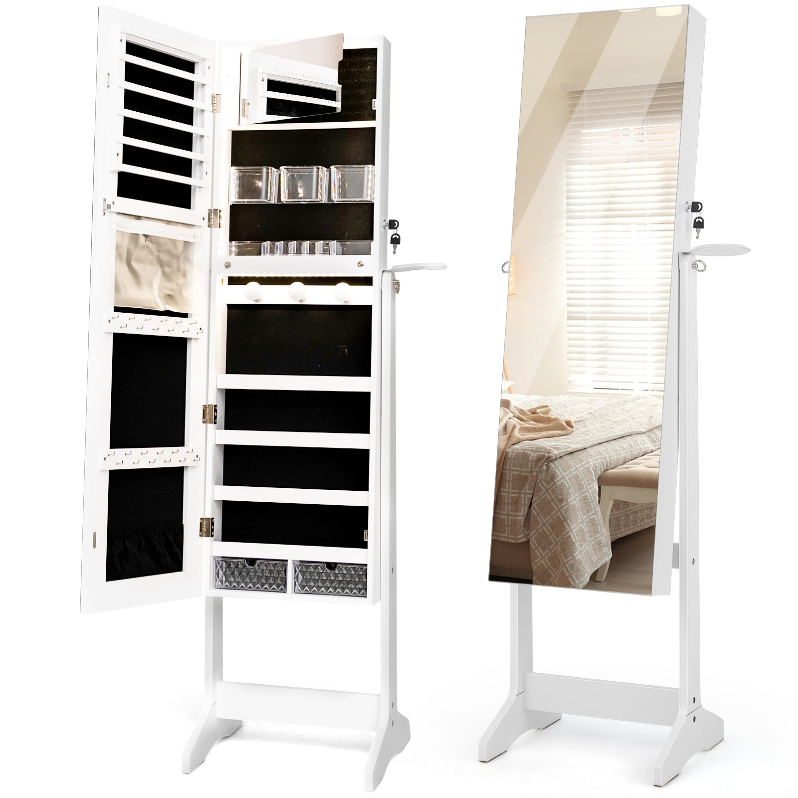 Freestanding LED Mirrored Jewellery Cabinet with Keyhole-White