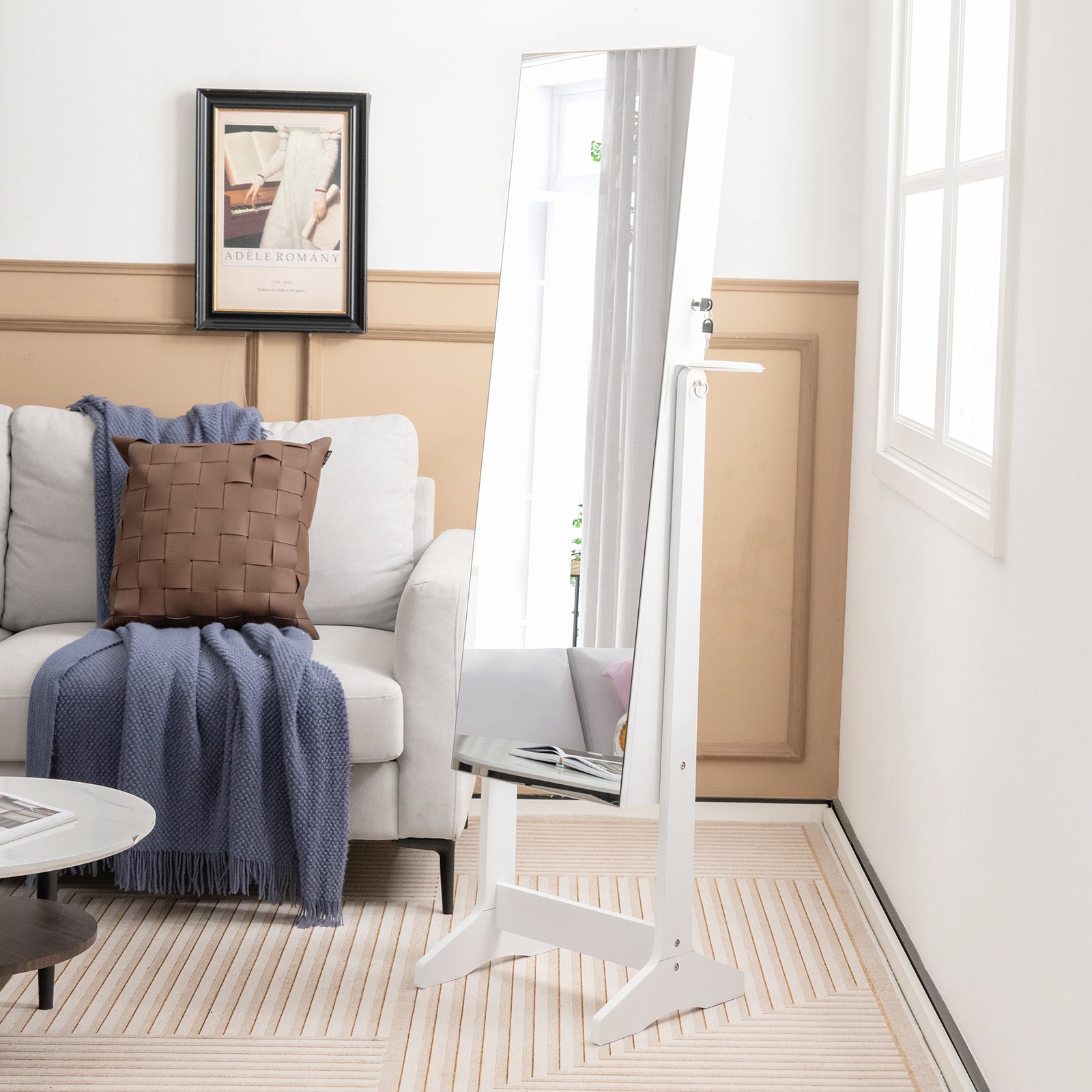 Freestanding LED Mirrored Jewellery Cabinet with Keyhole-White