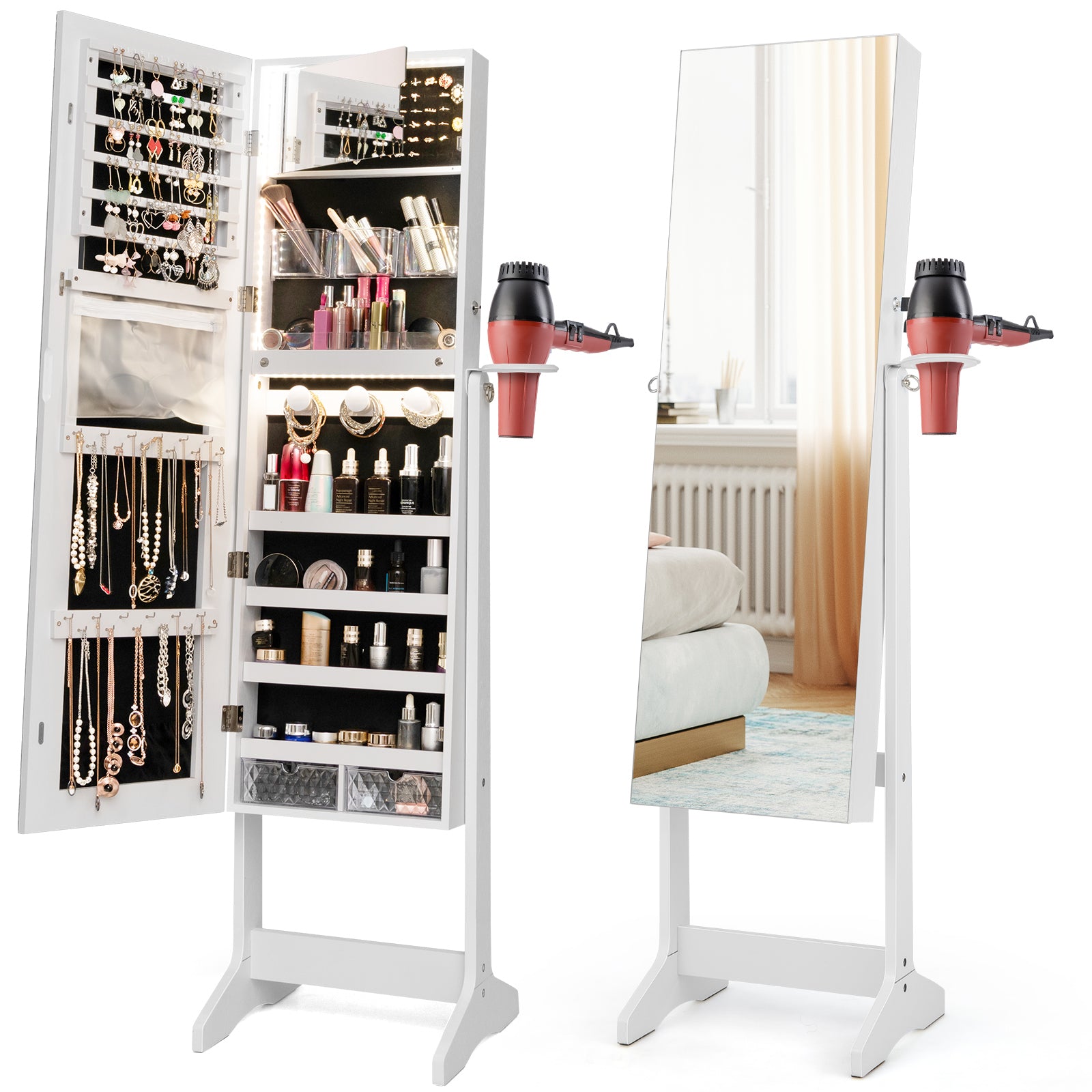 Freestanding LED Mirrored Jewellery Cabinet with Keyhole-White