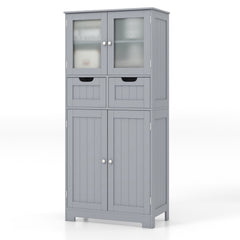 Floor Storage Cabinet with 2 Glass Doors, 2 Drawers and Adjustable Shelves-Grey