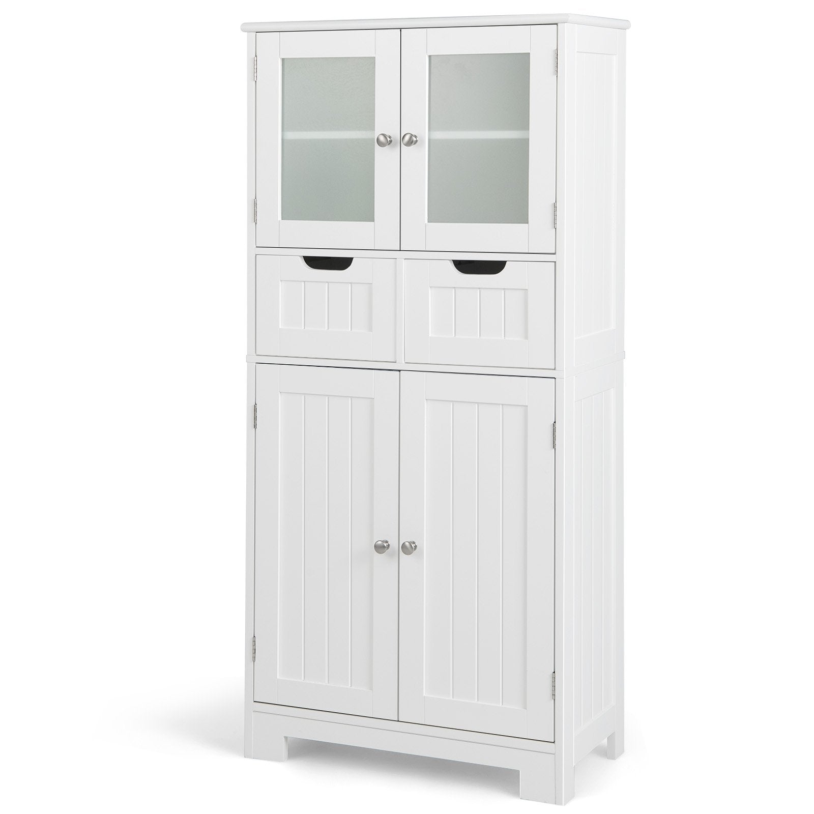 Floor Storage Cabinet with 2 Glass Doors, 2 Drawers and Adjustable Shelves-White