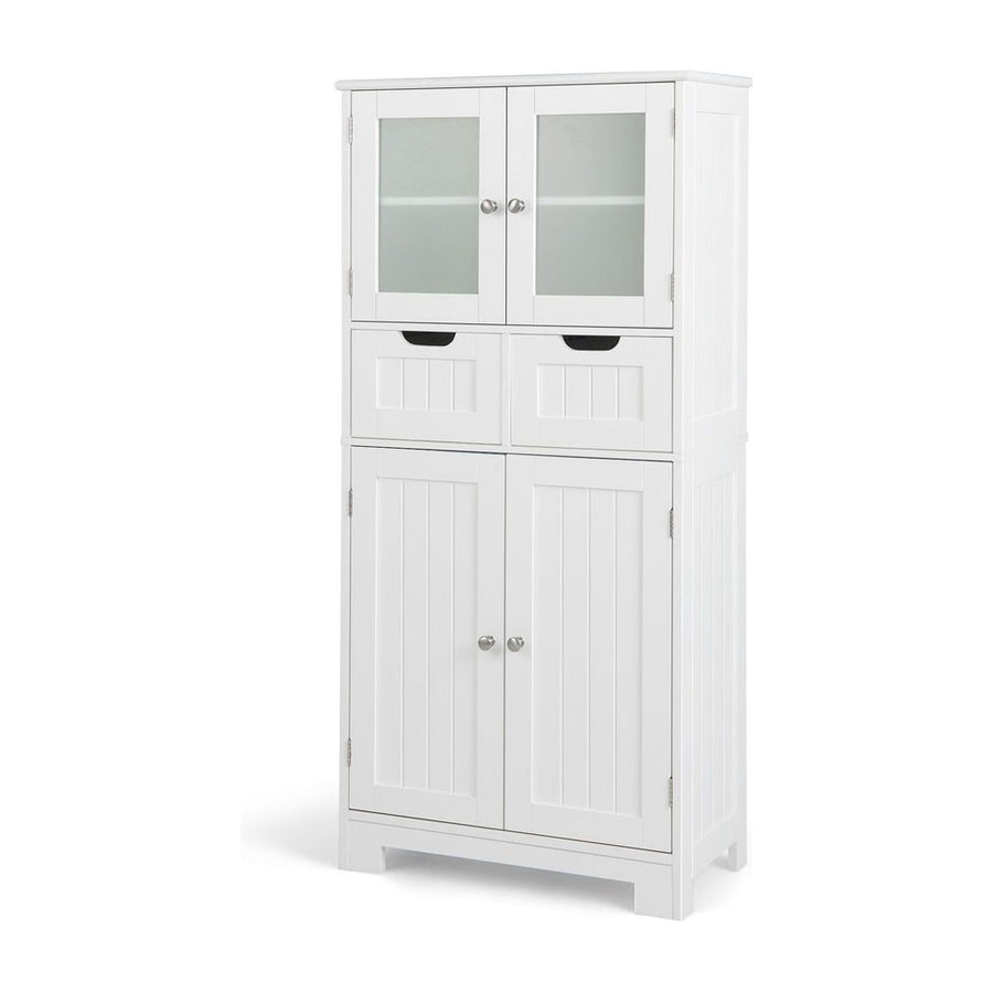 Floor Storage Cabinet with 2 Glass Doors, 2 Drawers and Adjustable Shelves-White