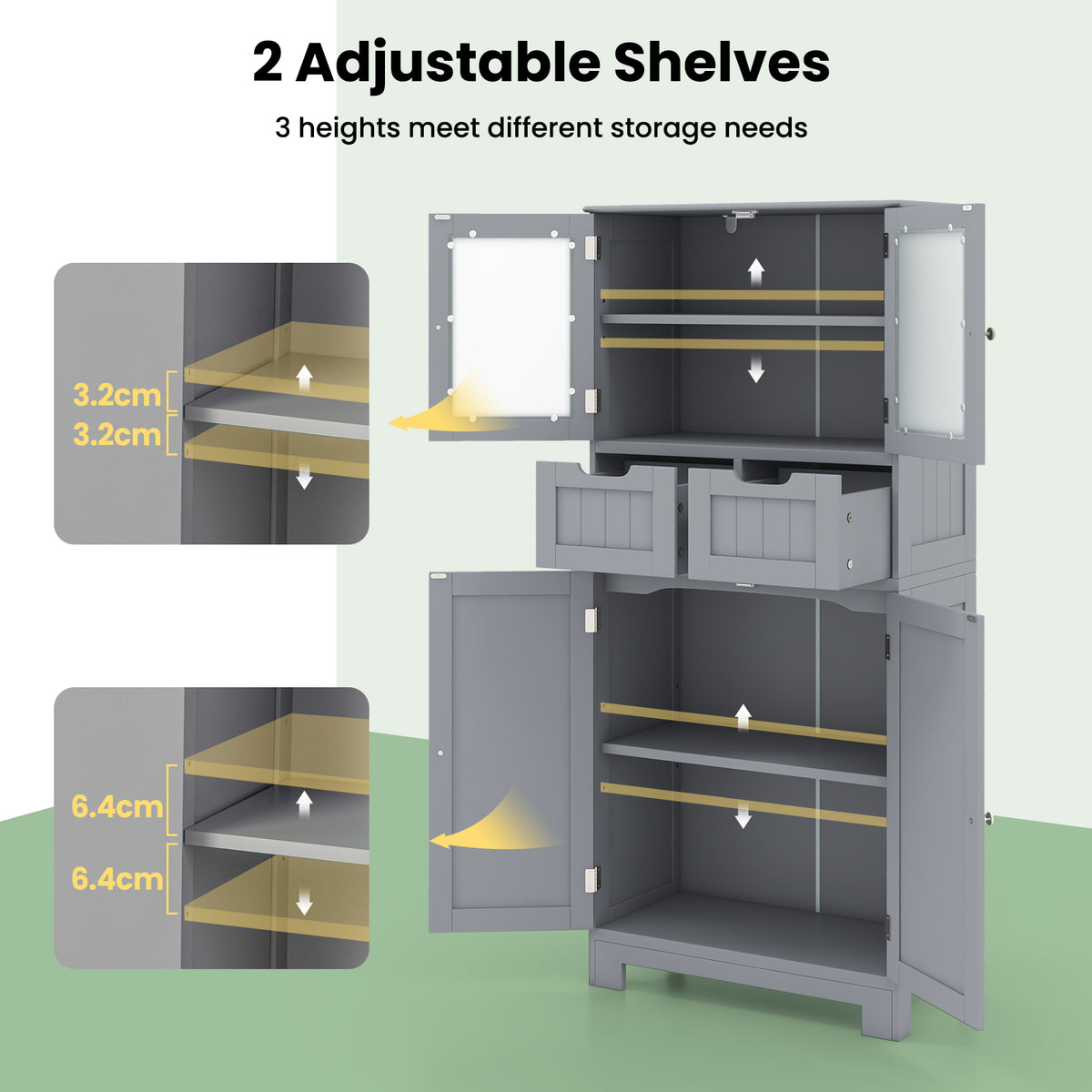 Floor Storage Cabinet with 2 Glass Doors, 2 Drawers and Adjustable Shelves-Grey
