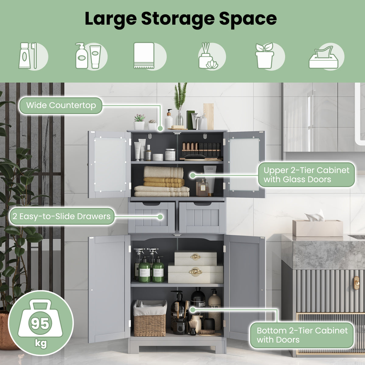 Floor Storage Cabinet with 2 Glass Doors, 2 Drawers and Adjustable Shelves-Grey