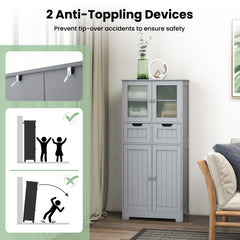 Floor Storage Cabinet with 2 Glass Doors, 2 Drawers and Adjustable Shelves-Grey